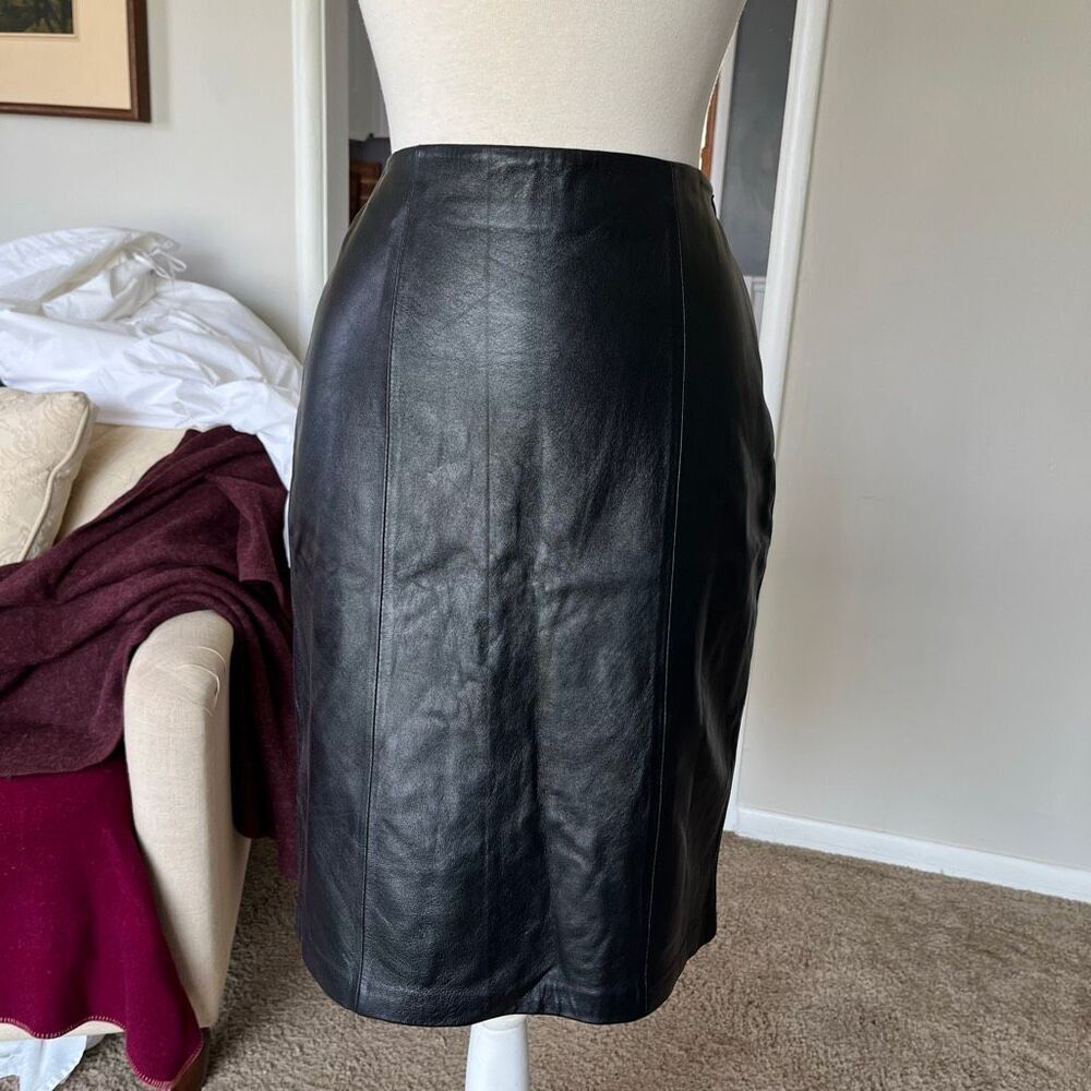 VTG Black Leather Pencil Skirt High Waisted Minimal 90s Y2K Office Chic